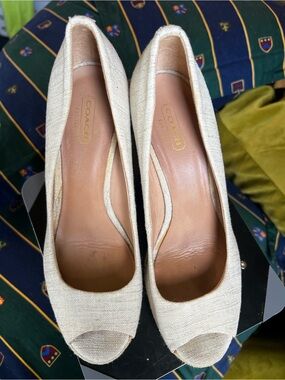 COACH Cream Linen Peep-Toe Heels